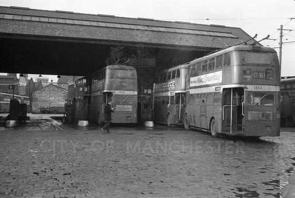 Manchester 1308 and 1354 (ONE 708 and ONE 754) rn Hyde Road Garage 31-Dec-1966